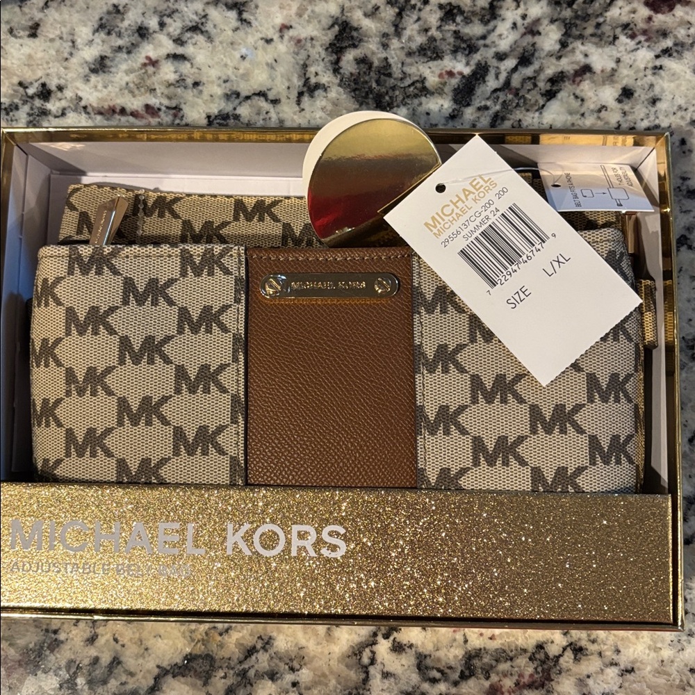 Michael Kors Leather adjustable Belt Bag MK Logo Tan Brown Size L/XL